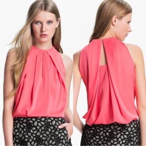 Diane von Furstenberg Elaine Silk Top Bright Coral Pink Blouse Size 8 Pleated